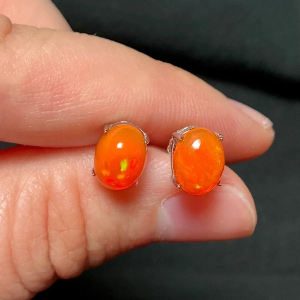 Fire Opal Earrings Ethiopian Fire Opal Earrings Sterling Silver Opal Earrings - Picture 7 of 7